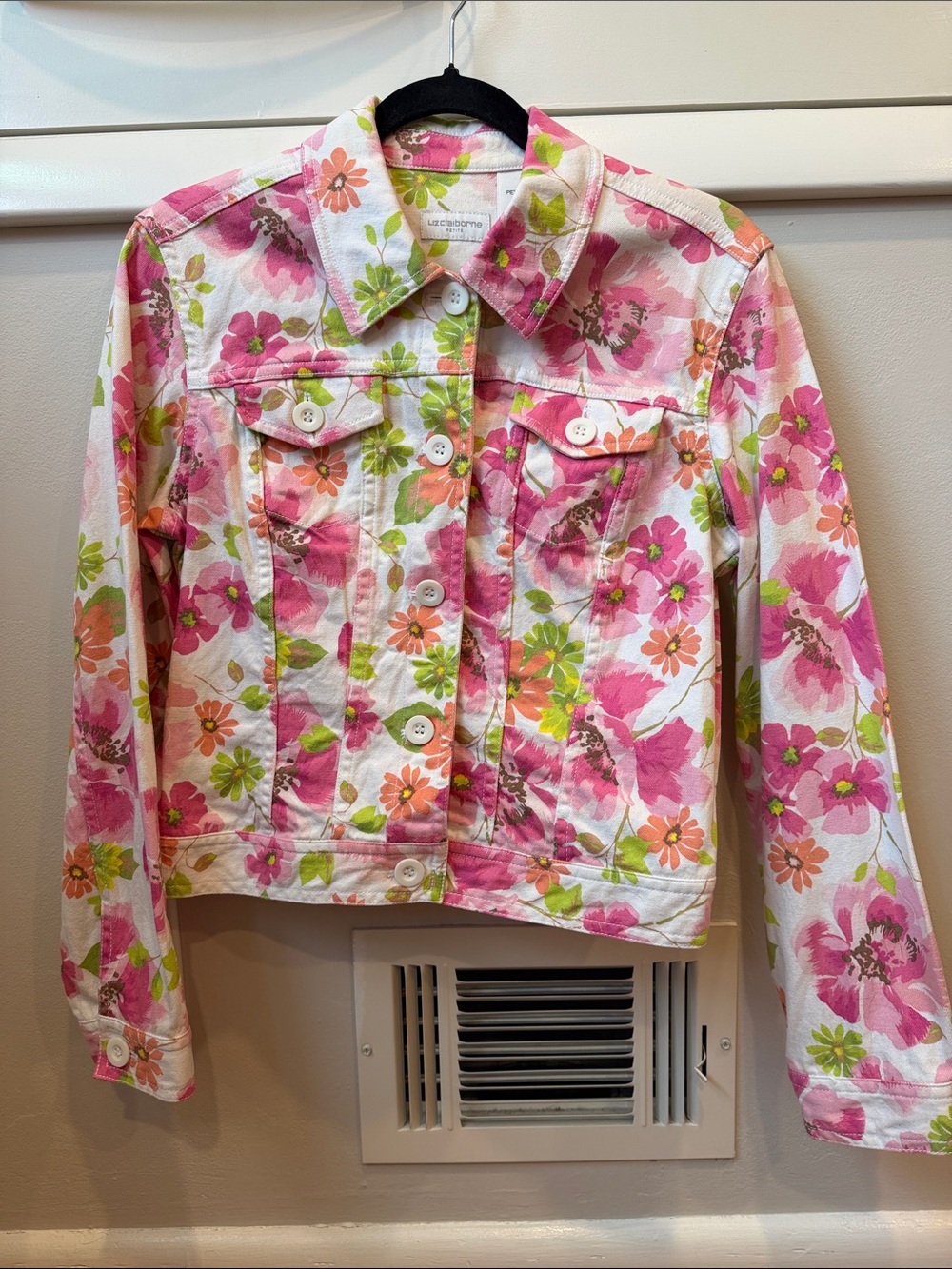 Liz Claiborne White Floral Cotton Trucker Jacket with Pink & Green Print